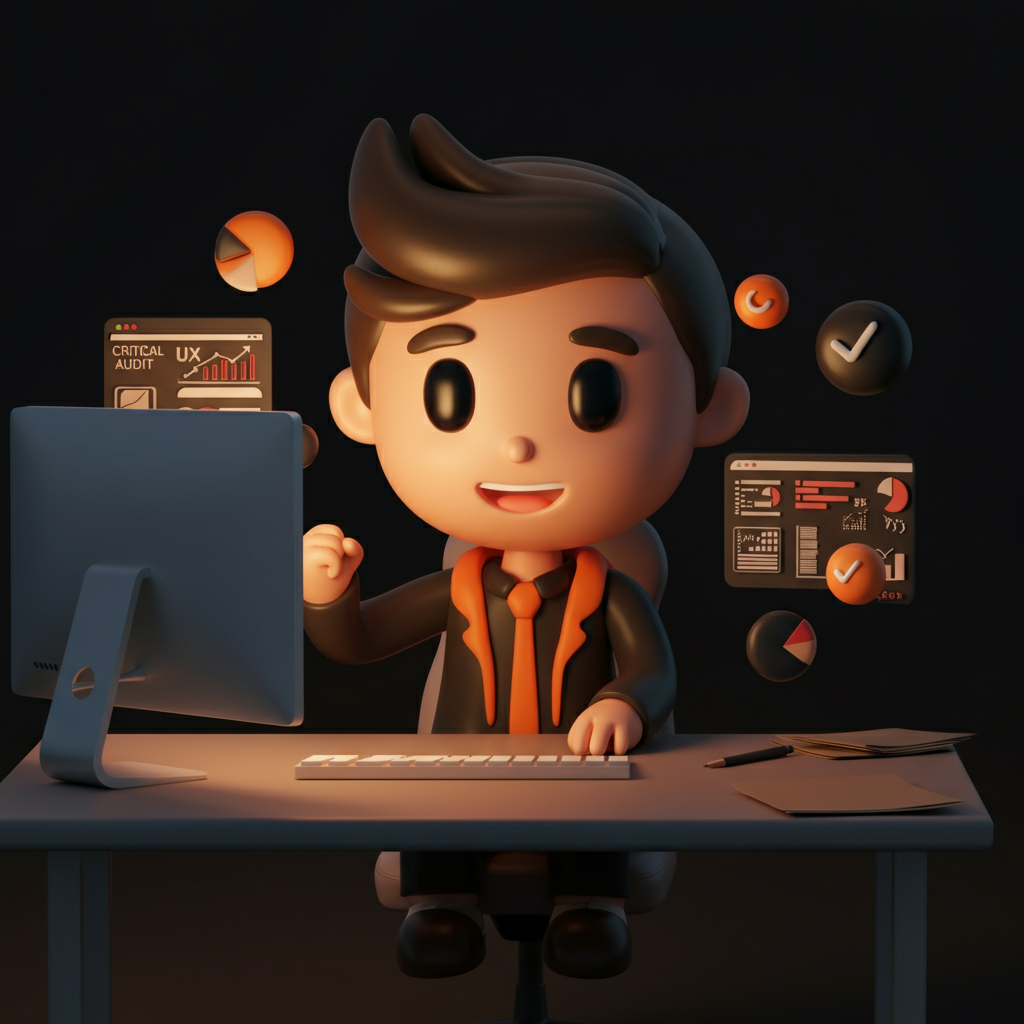 1767295681772 illustration d un freelance so Illustration d'un freelance souriant devant son écran après avoir trouvé un problème critique grâce à un audit UX