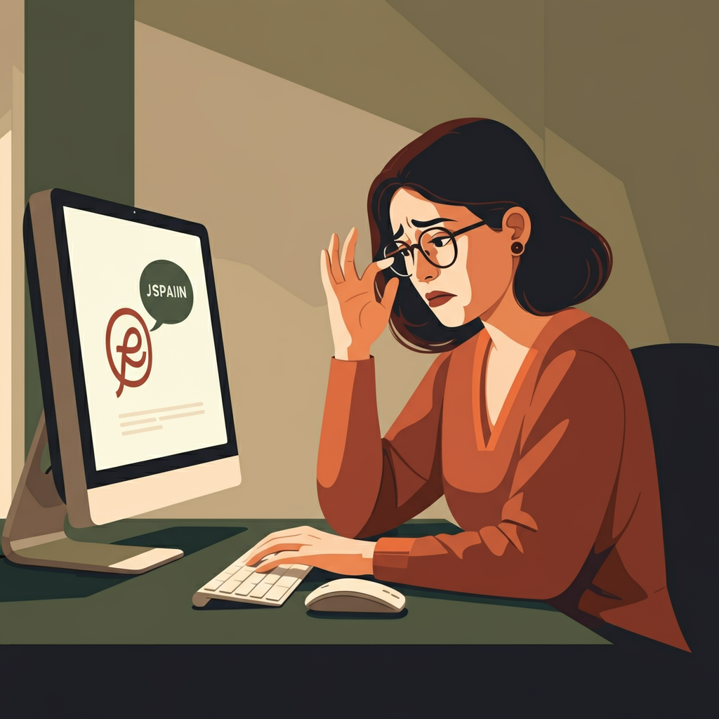 Femme adulte stressée face à un écran d'ordinateur, hésitant à parler espagnol