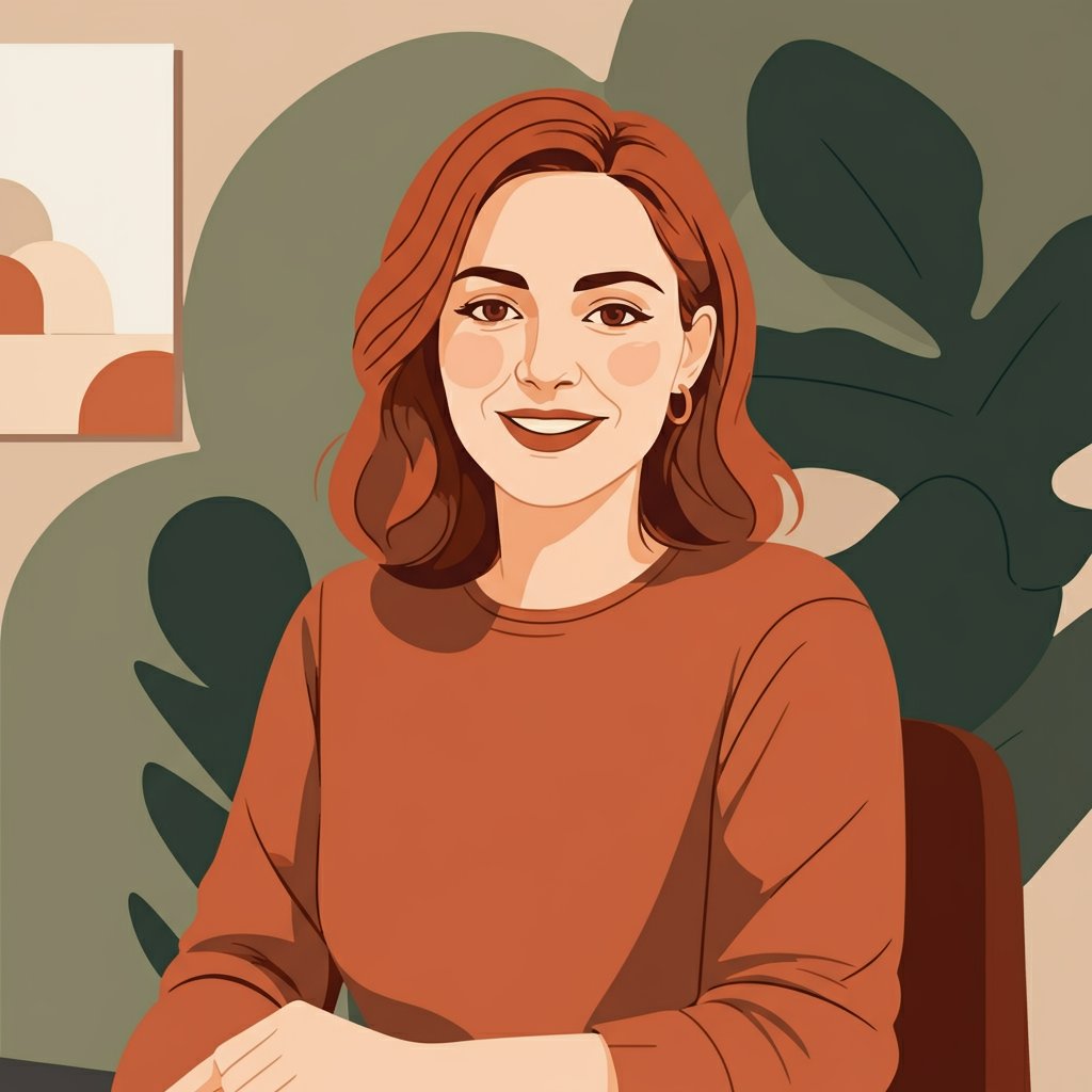 Patricia animant une session de conversation en ligne, souriante et engageante.