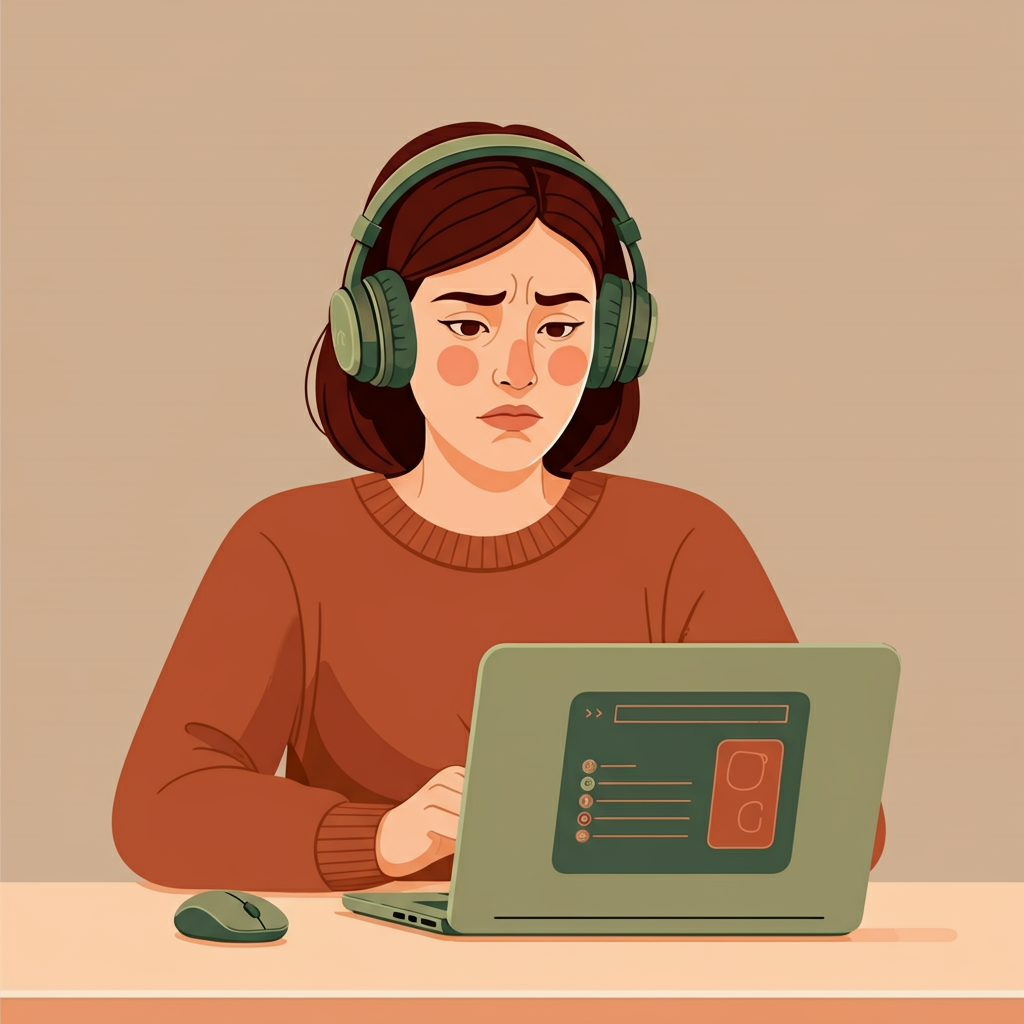 Femme adulte frustrée devant son ordinateur, écoutant de l'espagnol